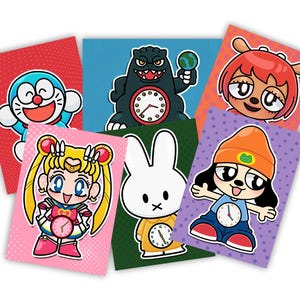 May include: A collection of colorful cartoon character art prints. The prints feature characters like Doraemon, Godzilla, Sailor Moon, and others, each with a clock design. The backgrounds are various colors, including red, blue, and purple.