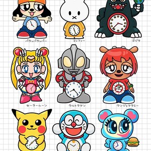 May include: A collection of nine cartoon character illustrations, each with a clock face integrated into their design. Characters include a dog, a rabbit, Godzilla, Sailor Moon, and Pikachu. The phrase "Take your time" is written in yellow at the bottom.