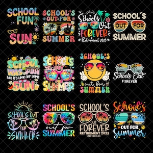 Könnte beinhalten: Eine Sammlung farbenfroher Grafikdesigns mit den Sätzen „School's Out For Summer“, „School Fun“ und „School's Out Forever“. Die Designs zeigen Sonnenbrillen, Palmen und tropische Themen, ideal für Sommer oder Ruhestand.