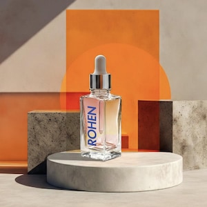 Puede incluir: Una botella de vidrio transparente con un cuentagotas plateado y la palabra "ROHEN" en azul. La botella contiene un líquido rosa y amarillo y está colocada sobre una plataforma circular blanca. El fondo presenta formas geométricas naranjas y grises.
