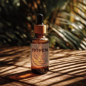May include: A brown glass bottle of "ROHEN" luminous facial oil with a black dropper and wooden cap. The bottle is on a wooden surface with shadows from palm leaves in the background. The label reads "30ml / 1.01 fl oz."