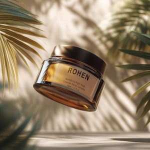 May include: A glass jar of Rohen Revitalizing Night Mask, with a dark brown lid and a label. The jar is amber-colored and appears to be floating in front of a background of palm leaves. The text on the label reads "Ceramide Barrier Complex" and "50ml / 1.7 fl oz."