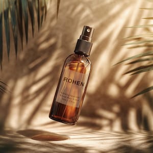 May include: A brown glass spray bottle with a black cap, labeled "ROHEN" and "Hydrating Facial Mist". The bottle is suspended in the air, with a backdrop of palm leaves and shadows. The bottle contains 50ml / 1.7 fl oz of product.