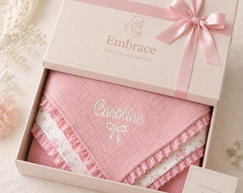 Custom Baby Name Blanket | Personalized Muslin Swaddle | Embroidered Baby Blanket | Blush Pink Floral | Newborn Baby Girl | Keepsake Blanket