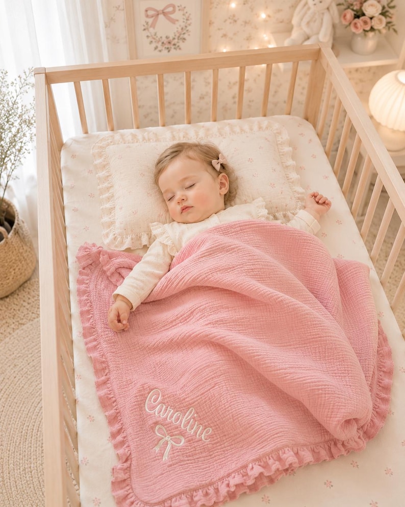 May include: A sleeping baby in a wooden crib, covered with a pink ruffled blanket. The blanket has the name "Caroline" embroidered in white. The crib has a floral patterned sheet and pillow.