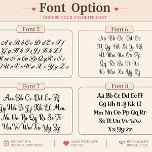 May include: Image showcasing font options for personalized gifts. Four different fonts are displayed, each with a sample of the alphabet. The text "Font Option" and "Choose Your Favorite Font" are at the top. Additional text includes "Perfect for Personalized Gifts".