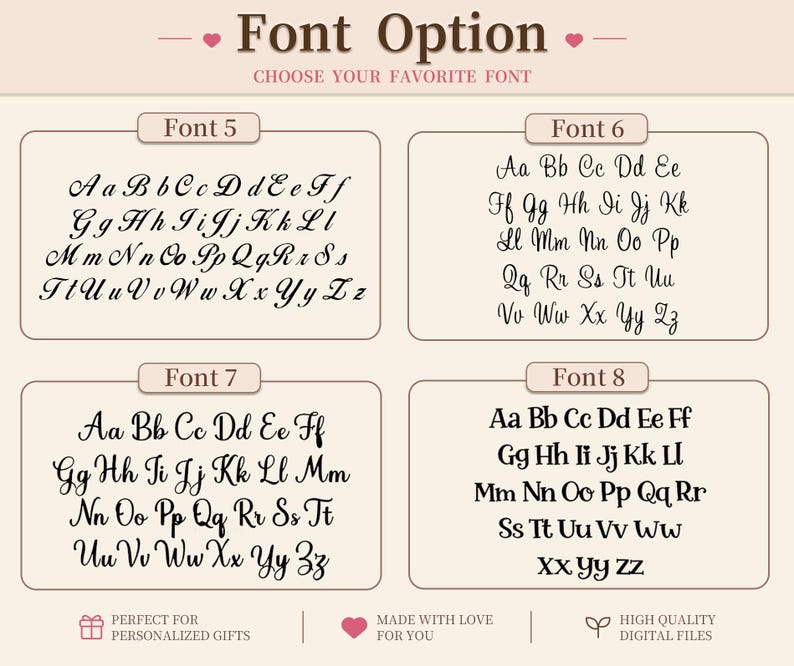 May include: Image showcasing font options for personalized gifts. Four different fonts are displayed, each with a sample of the alphabet. The text "Font Option" and "Choose Your Favorite Font" are at the top. Additional text includes "Perfect for Personalized Gifts".