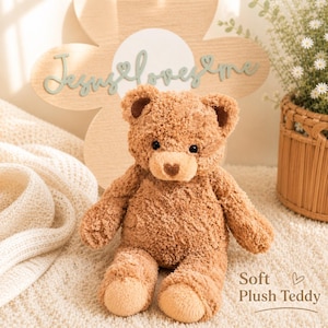 Puede incluir: Un oso de peluche suave de color marrón está sentado sobre una superficie color crema. El oso tiene una nariz en forma de corazón y ojos oscuros. El texto "Soft Plush Teddy" es visible en la esquina inferior derecha.