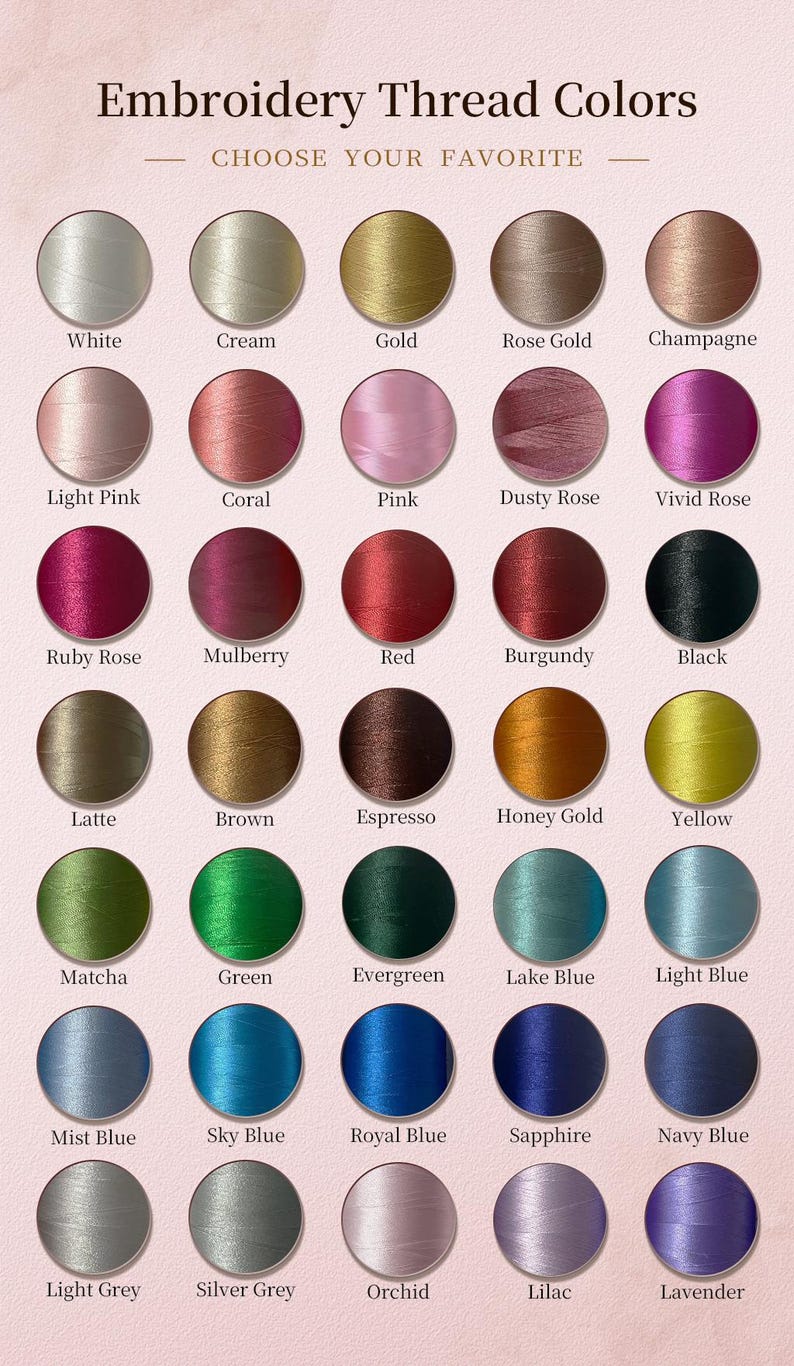 May include: A color chart of embroidery thread, featuring a variety of colors such as white, pink, red, green, and blue. The text "Embroidery Thread Colors" and "Choose Your Favorite" are displayed at the top.