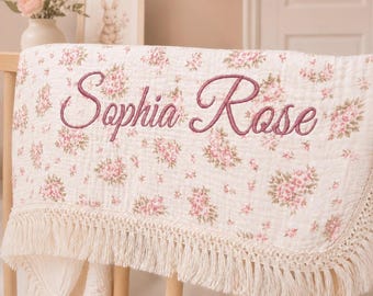 Personalized Floral Muslin Baby Blanket, Custom Embroidered Name Swaddle, Boho Newborn Girl Gift, Baby Shower Keepsake