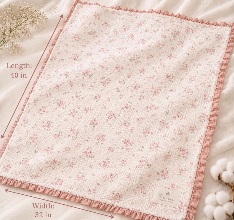 May include: A rectangular, floral-patterned blanket with a pink ruffled edge. The blanket is 40 inches long and 32 inches wide. The pattern features small pink flowers on a cream background. A small label in the corner reads "Premium".