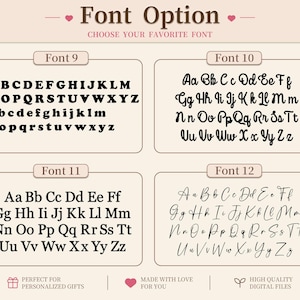 May include: Font options graphic with four different font styles labeled Font 9, Font 10, Font 11, and Font 12. Each font displays the alphabet in both uppercase and lowercase. The text "Font Option" is at the top.