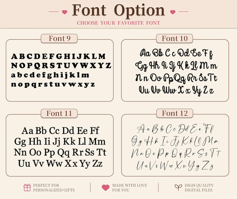 May include: Font options graphic with four different font styles labeled Font 9, Font 10, Font 11, and Font 12. Each font displays the alphabet in both uppercase and lowercase. The text "Font Option" is at the top.