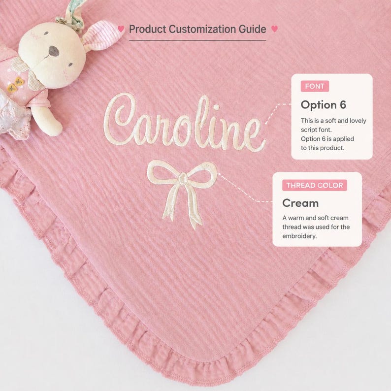 May include: A pink baby blanket with the name "Caroline" embroidered in cream-colored thread. The blanket has a ruffled edge and a cream-colored bow design. A stuffed bunny toy is in the upper left corner. The text "Product Customization Guide" is at the top.