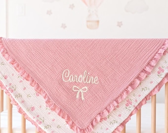 Personalized Muslin Cotton Blanket | Custom Embroidered Muslin Blanket | Baby Girl Gift | Blush Pink Floral Newborn Blanket | Baby Shower