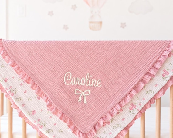 Personalized Muslin Cotton Blanket | Custom Embroidered Muslin Blanket | Baby Girl Gift | Blush Pink Floral Newborn Blanket | Baby Shower