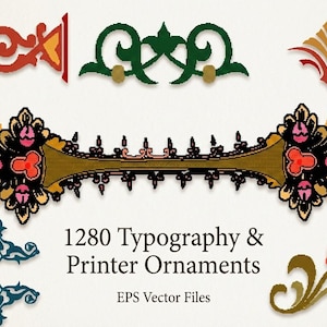 Könnte beinhalten: Eine Sammlung farbenfroher Typografie- und Druckerschmuckelemente in verschiedenen Formen und Designs. Das Bild enthält florale und geometrische Muster in Rot-, Grün-, Gold- und Blautönen. Der Text lautet "1280 Typography & Printer Ornaments".