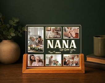 Custom Nana LED Night Light Photo Frame, Personalized Grandma Picture Lamp, Warm Glow Acrylic Plaque with Wooden Stand Gift