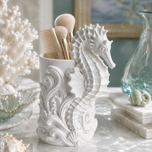 Seahorse Decorative Cup | Makeup Brush Holder | Hairbrush Organizer | Coastal Bathroom Decor Vase | Black or White