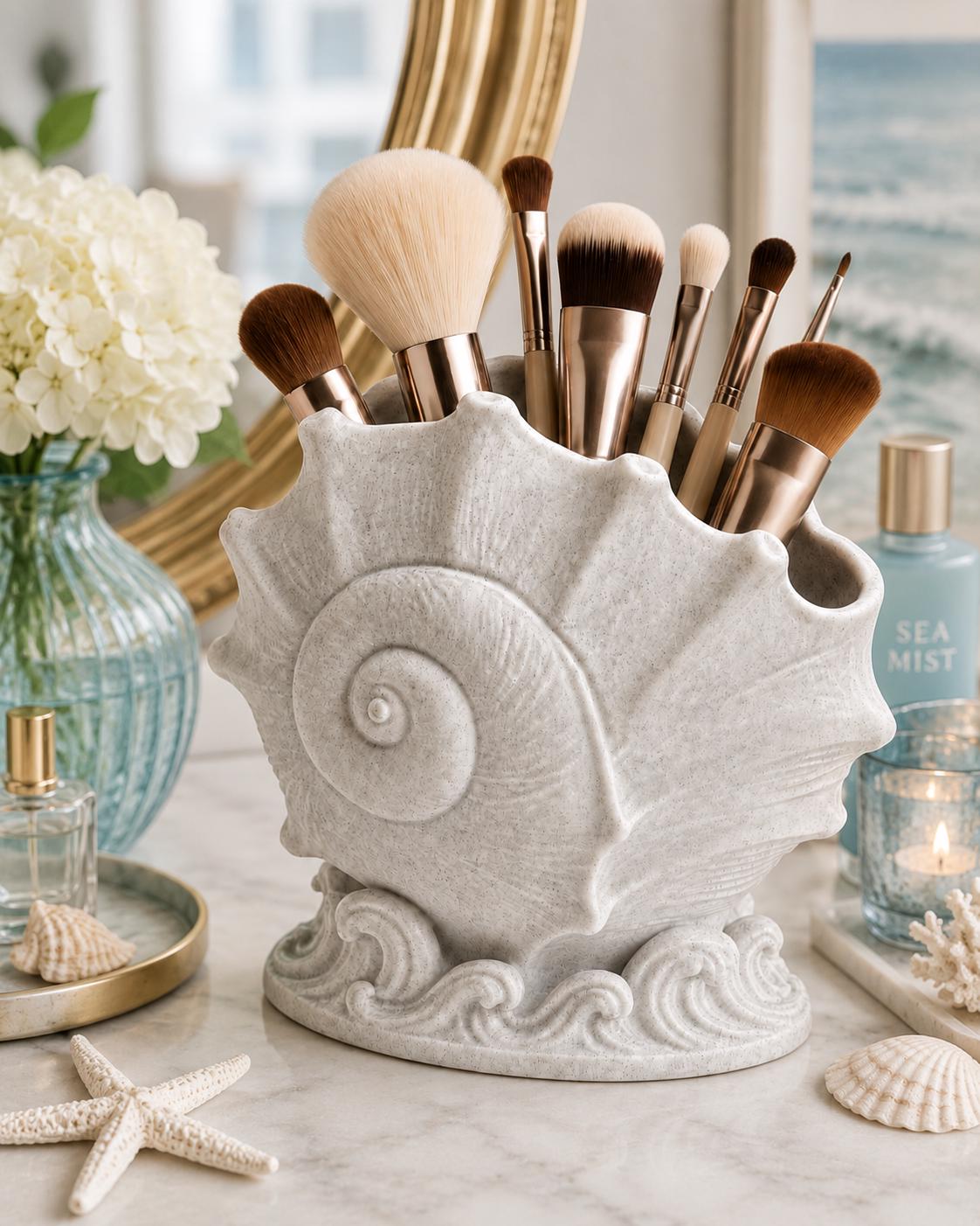 Muschel-Make-up-Pinselhalter, KĂźsten-Vanity-Organizer, Muschelschale, vom Ozean inspirierte SchĂśnheitsaufbewahrung, Meerjungfrau-Dekor