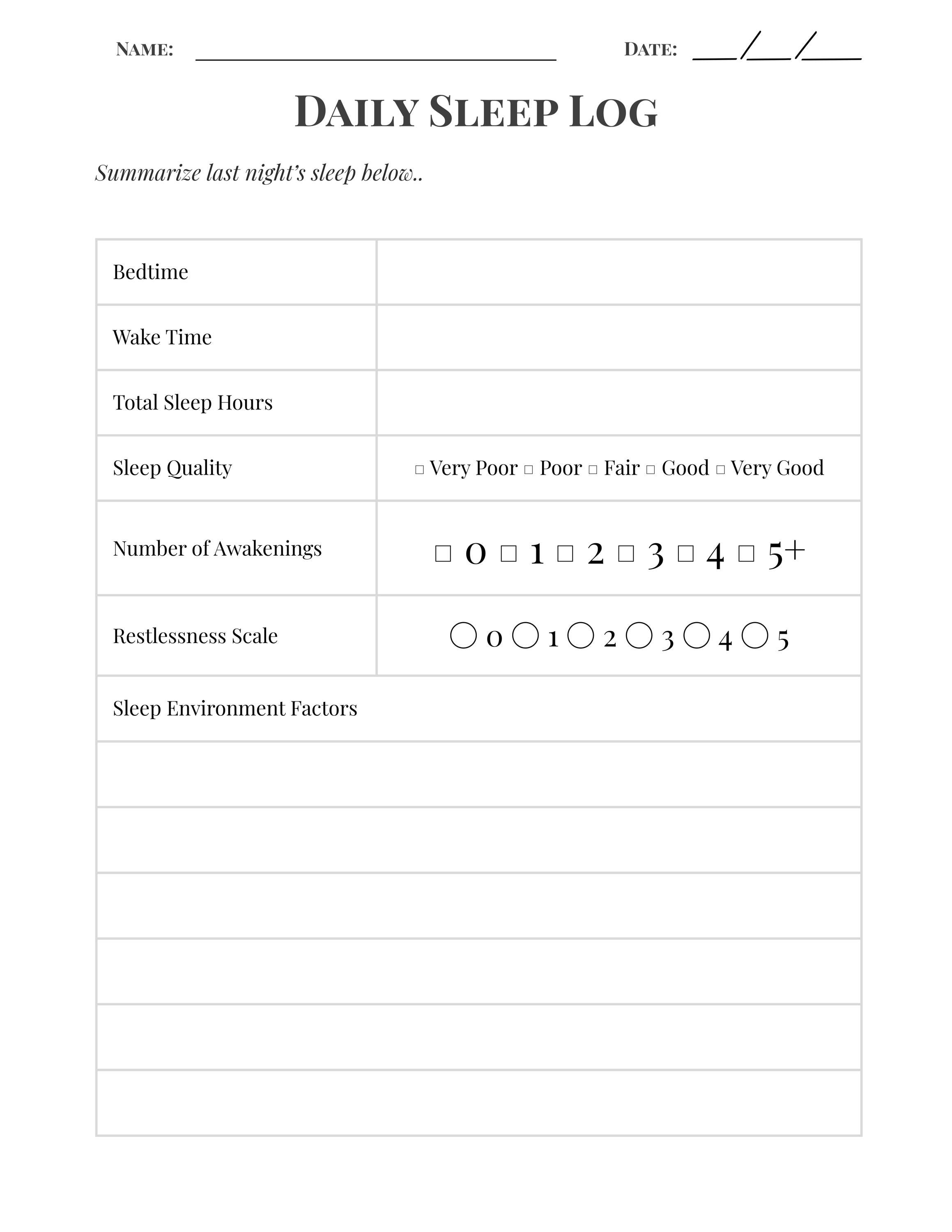 Sleep Pattern Graph Pdf Daily Sleep Log | Printable Caregiver Sleep Tracker | Elderly Sleep ...