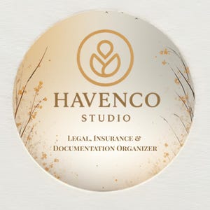 May include: A round sticker with the text "HAVENCO STUDIO" in a serif font, with the tagline "LEGAL, INSURANCE & DOCUMENTATION ORGANIZER." The sticker has a gold and cream color scheme with a floral design.