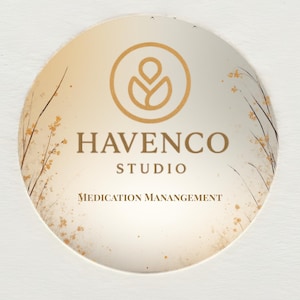 May include: A round, cream-colored sticker with the text "HAVENCO STUDIO" in a serif font, and "MEDICATION MANAGEMENT" below. The logo is a gold-colored emblem with a stylized figure and leaves. Delicate floral branches with small orange flowers frame the edges.