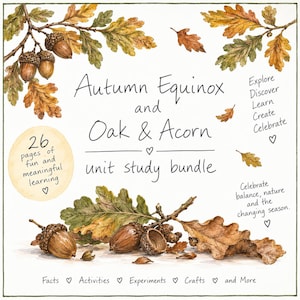 Puede incluir: Un paquete educativo digital titulado Autumn Equinox and Oak & Acorn unit study bundle, que incluye 26 páginas de aprendizaje. El diseño presenta ilustraciones en acuarela de hojas de roble y bellotas en tonos marrón, dorado y verde.