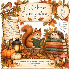 May include: An October Curriculum educational poster featuring a squirrel reading a book on a tree stump, a hedgehog on a stack of books, a robin, pumpkins, mushrooms, and a lantern. Text includes Maths, Literacy, Nature Study, and Learn Play Create Grow.
