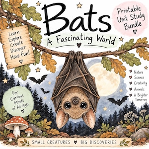 Może przedstawiać: Zestaw edukacyjny do druku zatytułowany Bats: A Fascinating World, z centralną ilustracją nietoperza zwisającego z gałęzi dębu. Projekt zawiera tekst, grzyby, pełnię księżyca oraz elementy leśne w naturalnej kolorystyce.