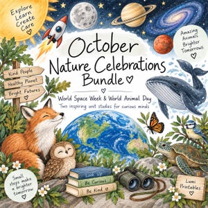 Puede incluir: Una ilustración educativa titulada October Nature Celebrations Bundle que muestra un zorro, un búho, una ballena, una tortuga y la Tierra. Incluye elementos espaciales, binoculares y letreros de madera con texto como Explore Learn Create Care.