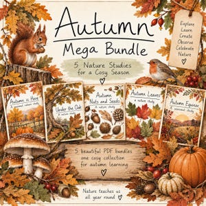 Könnte beinhalten: Ein digitales Autumn Mega Bundle mit fünf Naturstudien-Leitfäden mit den Titeln Autumn is Here, Under the Oak, Autumn Nuts and Seeds, Autumn Leaves und Autumn Equinox, verziert mit Illustrationen von einem Eichhörnchen, Rotkehlchen und Kürbissen.