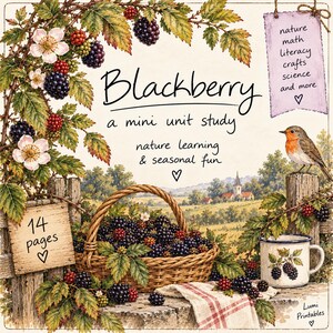 Puede incluir: Un documento educativo "Blackberry a mini unit study" con ilustraciones de zarzas, una cesta llena de moras, un petirrojo y una taza. El texto incluye "Blackberry a mini unit study", "nature learning & seasonal fun", "14 pages" y "nature math literacy crafts science and more".