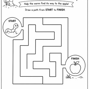 May include: A black and white printable activity sheet titled WORM MAZE. It features a cartoon worm at the START circle and an apple at the FINISH circle. The text reads Help the worm find its way to the apple! Draw a path from START to FINISH.