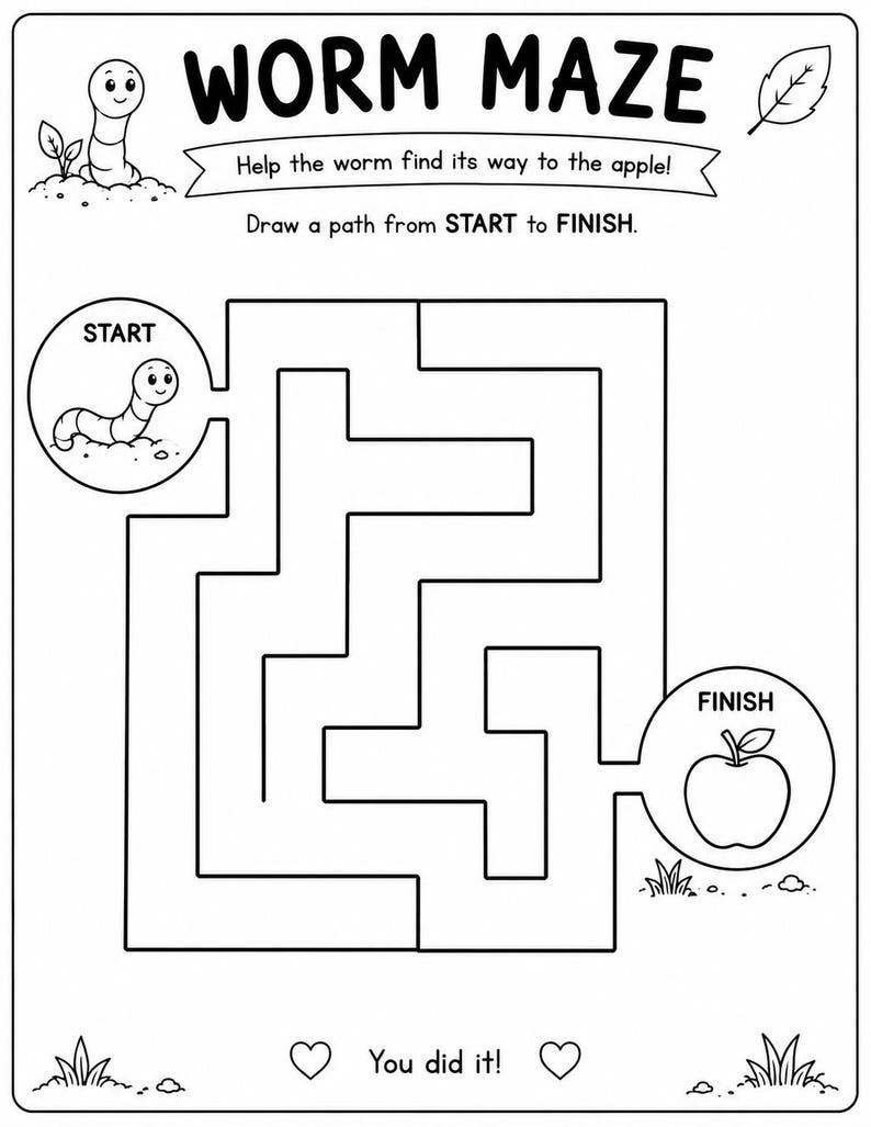 May include: A black and white printable activity sheet titled WORM MAZE. It features a cartoon worm at the START circle and an apple at the FINISH circle. The text reads Help the worm find its way to the apple! Draw a path from START to FINISH.