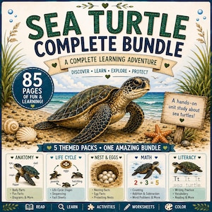 Op de afbeelding: Een Sea Turtle Complete Bundle educatieve set met 85 pagina's lesmateriaal. De omslag toont een zeeschildpad op een strand met secties voor anatomie, levenscyclus, nesten, eieren, wiskunde en leesactiviteiten voor kinderen.