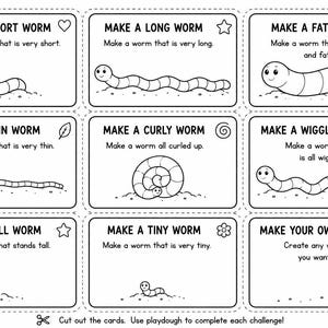 May include: A printable activity sheet featuring nine rectangular cards with black and white line art illustrations of worms. Each card includes text instructions such as Make a short worm, Make a long worm, and Make your own worm, with icons.