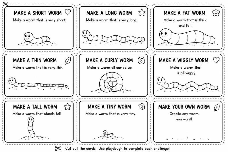 May include: A printable activity sheet featuring nine rectangular cards with black and white line art illustrations of worms. Each card includes text instructions such as Make a short worm, Make a long worm, and Make your own worm, with icons.