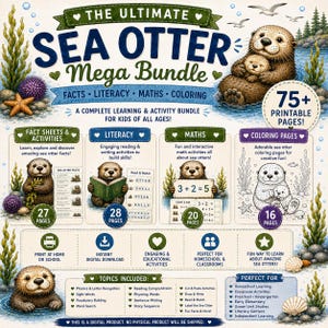 Op de afbeelding: Een digitaal leerpakket getiteld The Ultimate Sea Otter Mega Bundle met illustraties van zeeotters, kelp en zeesterren. Het document bevat secties voor feiten, geletterdheid, wiskunde en kleurplaten met in totaal meer dan 75 printbare pagina's.