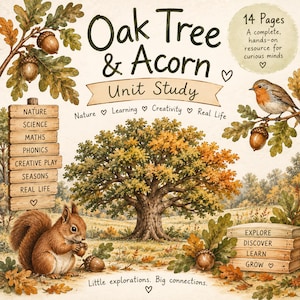 Könnte beinhalten: Ein 14-seitiges Lernheft mit dem Titel Oak Tree & Acorn. Das Cover zeigt eine große Eiche, ein Eichhörnchen, ein Rotkehlchen und Holzschilder mit Themen wie Nature, Science, Maths, Phonics, Creative Play, Seasons und Real Life.
