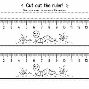 May include: A printable activity sheet featuring two black and white rulers, each measuring 15 centimeters in length. The rulers are decorated with illustrations of a smiling worm, small plants, and hearts. Text reads: Cut out the ruler! Use your ruler to measure the worms.