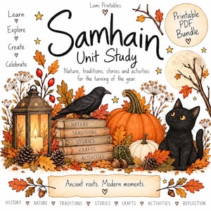 May include: A Samhain Unit Study printable PDF bundle cover featuring a black crow on a stack of books, a black cat, a lantern, pumpkins, and autumn leaves. Text includes "Samhain Unit Study," "Nature, traditions, stories and activities," and "Ancient roots. Modern moments."