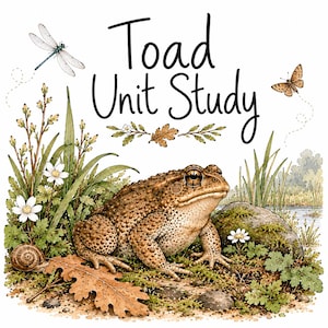 May include: A watercolor illustration featuring a brown toad sitting on mossy ground with a snail, white flowers, and an oak leaf. Above the toad, the text reads Toad Unit Study in black script, flanked by a dragonfly and a butterfly.