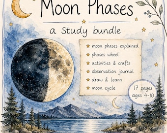Moon Phases Mini Unit Study | Kids Moon Activities & Worksheets | Lunar Cycle Printable | Homeschool Science Unit | Montessori Learning