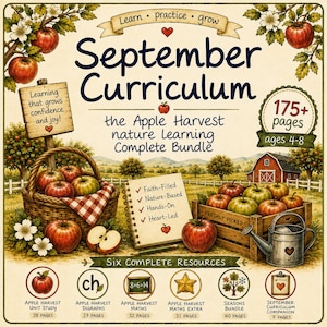 May include: A September Curriculum educational bundle featuring an apple harvest theme. The cover displays a basket of apples, a wooden crate, a notebook with checkmarks, and six resource icons. Text includes "September Curriculum" and "175+ pages".