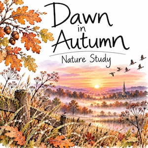 Könnte beinhalten: Eine Aquarellillustration mit dem Titel Dawn in Autumn Nature Study, die einen Sonnenaufgang über einer nebligen Landschaft mit einer Kirche, einem Holzzaun, Eichenblättern, Eicheln und Vögeln am Himmel zeigt.