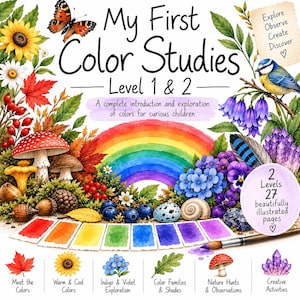 Könnte beinhalten: Ein Buch mit dem Titel My First Color Studies Level 1 & 2 mit Aquarellillustrationen von einem Regenbogen, Pilzen, Blumen, einem Schmetterling und einem Vogel. Das Cover enthält Text, eine Farbpalette und einen Pinsel sowie 27 Seiten.