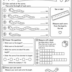 May include: A black and white educational worksheet titled MEASURE THE WORMS! featuring five cartoon worms of varying lengths, a ruler graphic, and sections for measuring with centimeters and cubes, plus a space to draw and measure a custom worm.