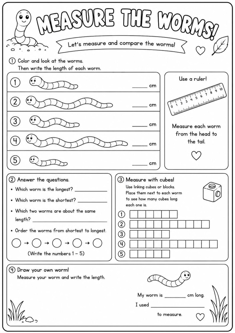 May include: A black and white educational worksheet titled MEASURE THE WORMS! featuring five cartoon worms of varying lengths, a ruler graphic, and sections for measuring with centimeters and cubes, plus a space to draw and measure a custom worm.
