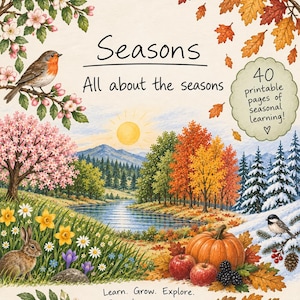 Può includere: Una risorsa educativa stampabile intitolata Seasons All about the seasons con un'illustrazione paesaggistica delle quattro stagioni con un pettirosso, coniglio, zucca, mele e bacche. Il testo include 40 printable pages of seasonal learning e Learn. Grow. Explore. Through every season.